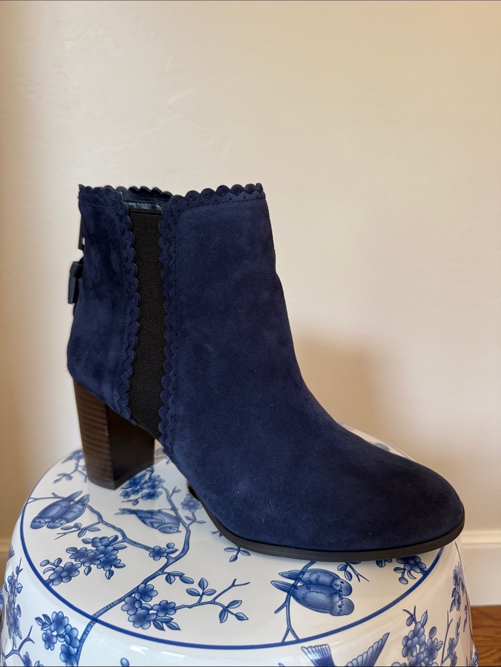 Alex Marie Navy Suede Scalloped Ankle Booties